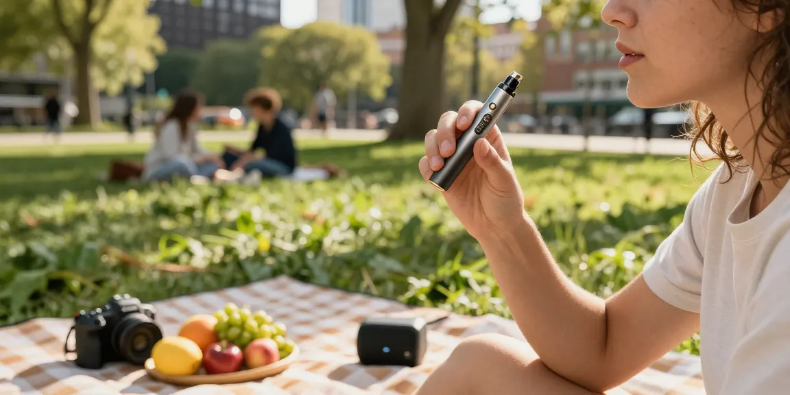 Person relaxing in a park with a weed pen, enjoying the outdoors and vibrant city life.