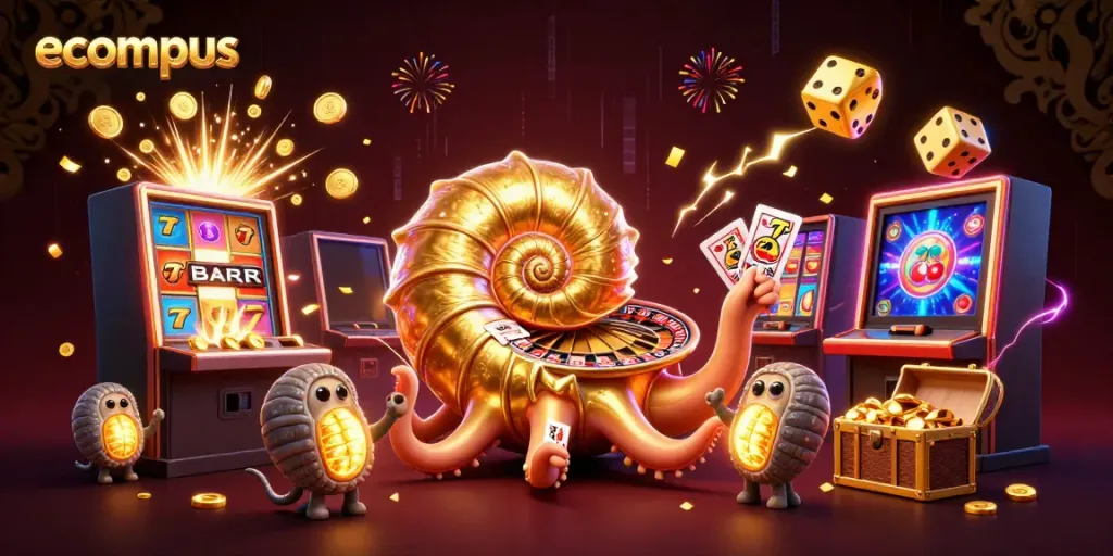 Play casino games with ecompus, featuring a giant nautilus roulette wheel and dynamic slot machine.