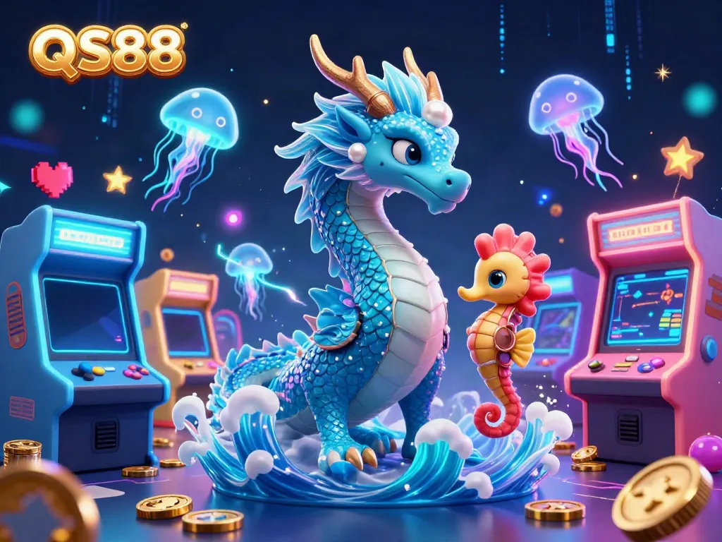 Experience the vibrant world of QS88 with a dazzling underwater scene featuring a dragon and a seahorse knight amidst casino delights.
