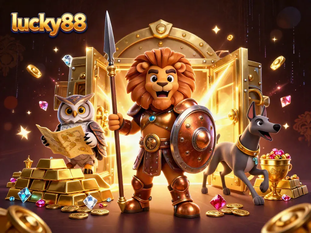 Experience thrilling luck with lucky88 as characters celebrate wealth in a dazzling casino scene.