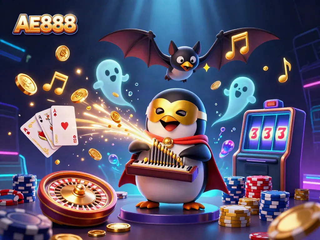Experience the thrill of AE888 with a cartoon penguin playing a musical organ surrounded by golden coins and casino elements.