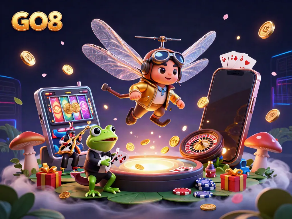 Experience GO8’s vibrant casino ambiance with a lively dragonfly pilot, frog croupier, and jazz musicians.