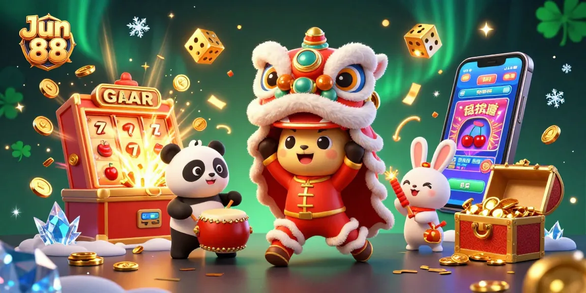 Experience the excitement of Jun 88 in a colorful 3D casino-themed illustration filled with winning symbols.