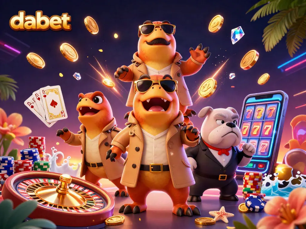 Engage with dabet's thrilling casino experience showcased by raptors in disguise entering a VIP lounge.