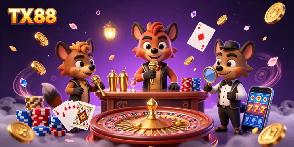 TX 88 hyena characters engaging in a lively casino scene with golden coins and a roulette wheel.