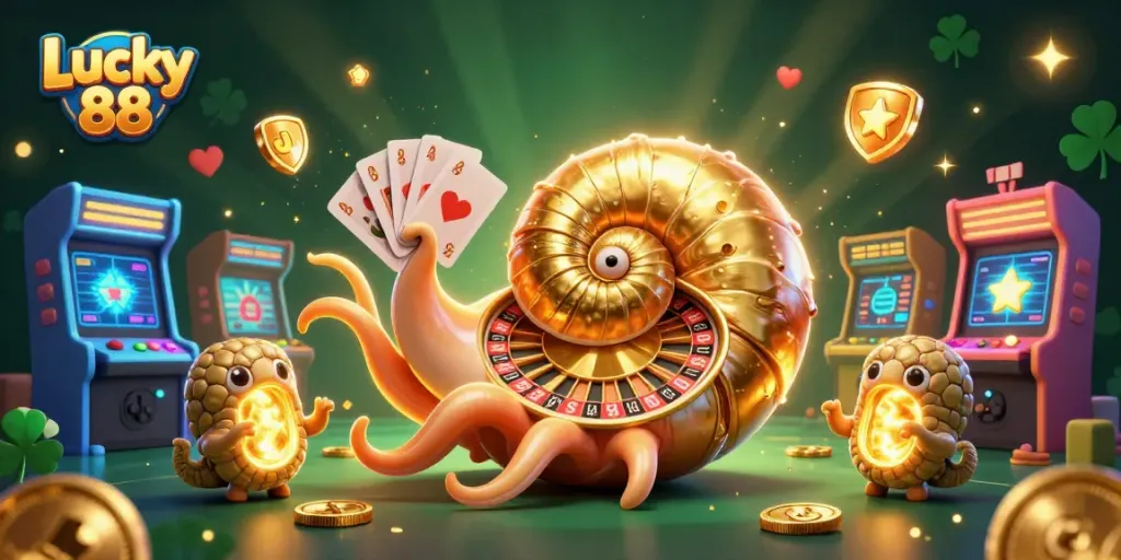 Engage with Lucky 88 in this vibrant 3D illustration showcasing a giant nautilus as a roulette wheel.