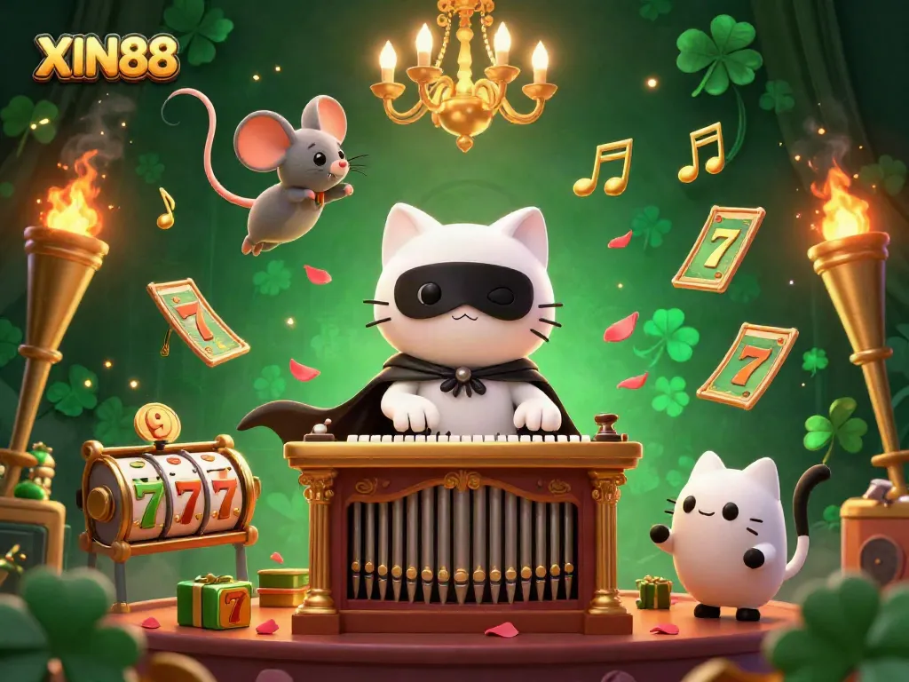 Experience thrilling gameplay at XIN88 with a vibrant and enchanting casino scene featuring a phantom cat and a shimmering backdrop.