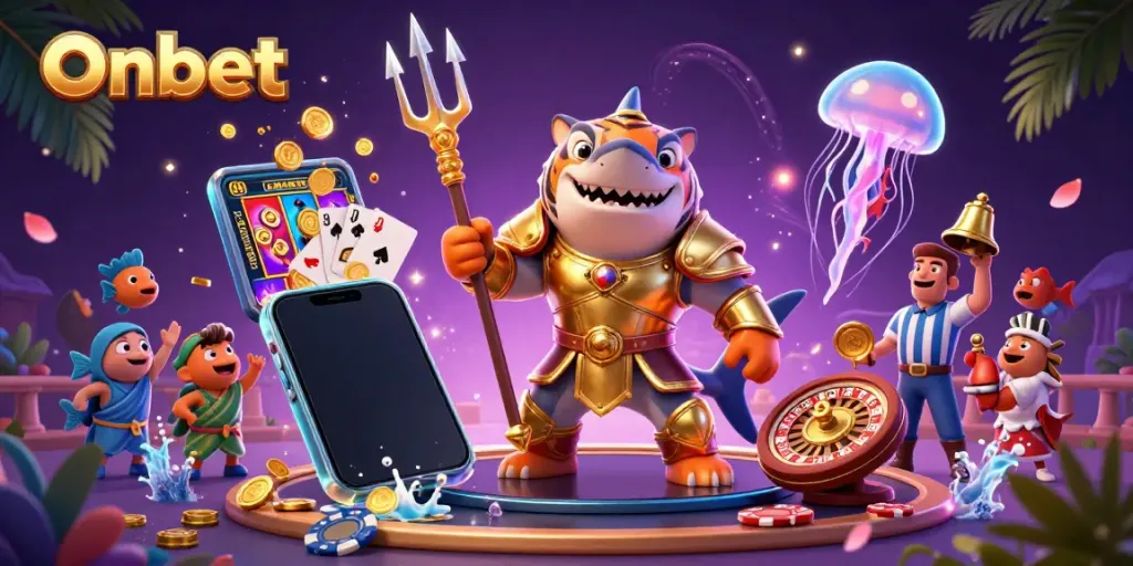 Join Onbet's thrilling underwater casino battle with a shark, fish crowd, and exciting game elements!