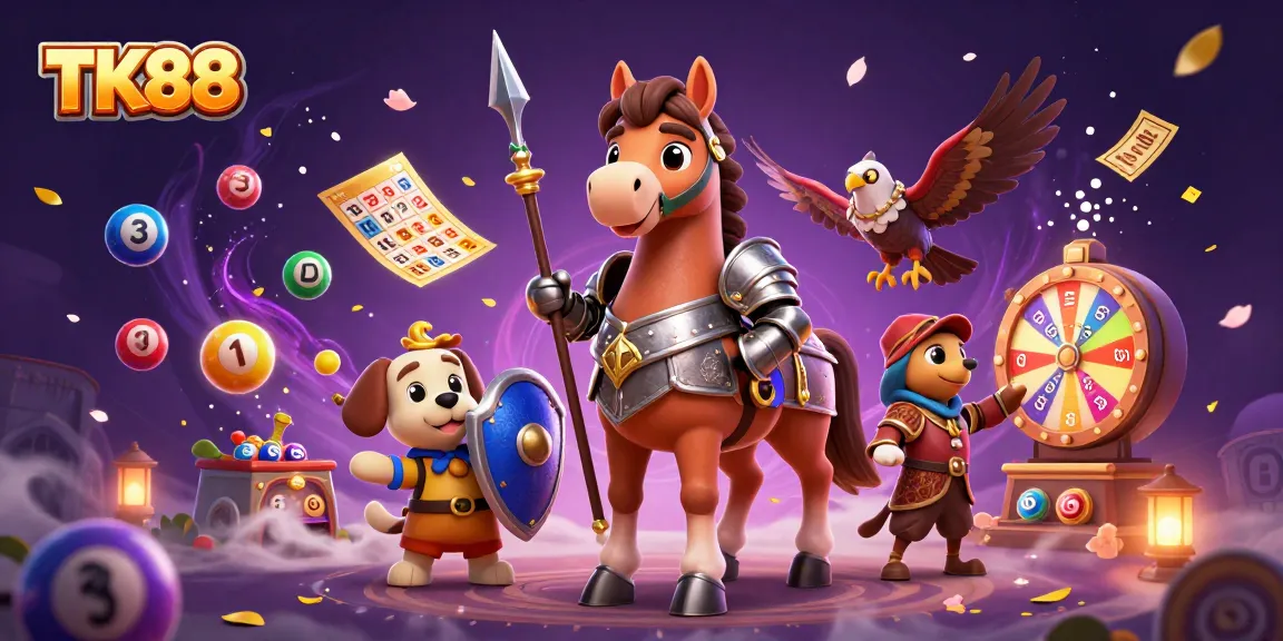 Experience big wins at TK88 with dynamic casino elements and engaging characters in this vibrant illustration.