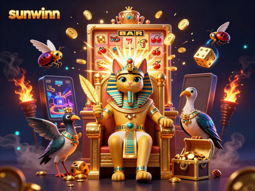 Experience the excitement of sunwinn with a dazzling casino illustration featuring a pharaoh cat and slot machine.
