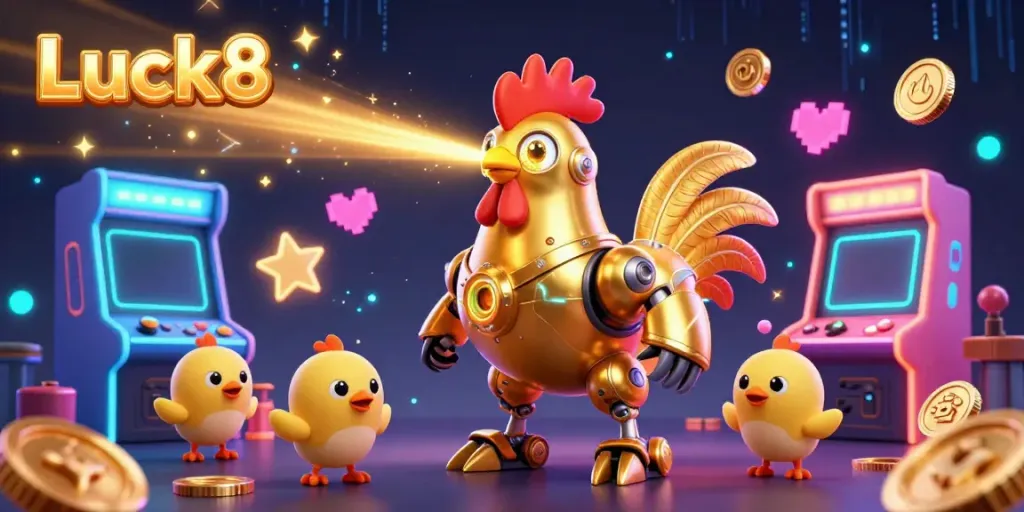 Engage with Luck8's thrilling casino experience featuring a futuristic golden rooster robot amidst glowing game machines.