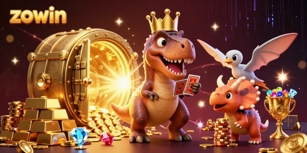 Engaging 'zowin' casino scene with characters shuffling cards and stacking chips surrounded by gold treasures.