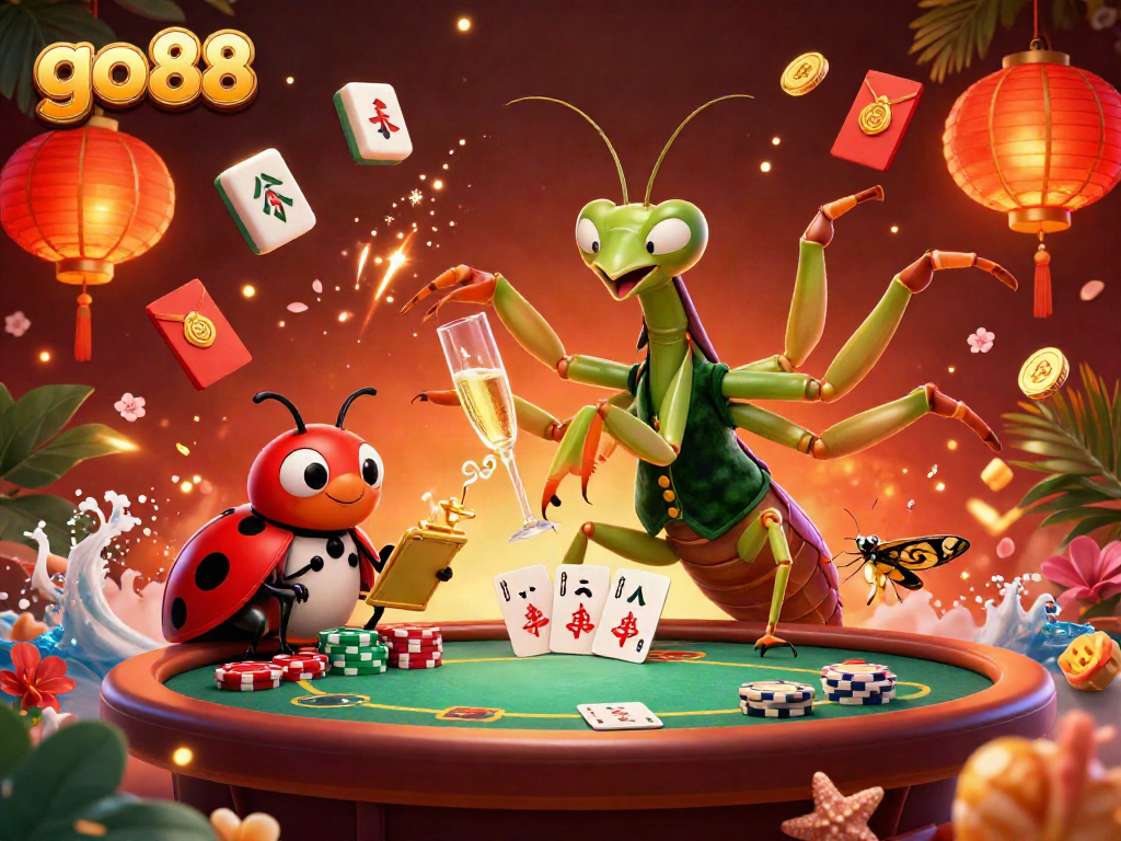 Engage with go 88’s vibrant casino illustration featuring a mantis card sharp and ladybug pit boss.