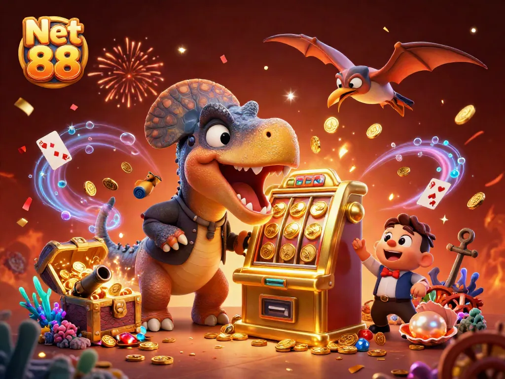 Engage with Net 88 as a pachycephalosaurus hits a golden slot machine for a jackpot amidst an exciting casino scene.