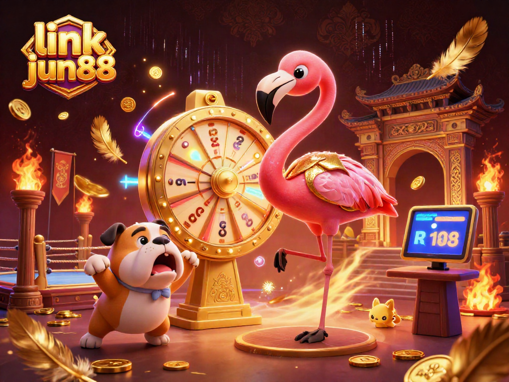 Spin the giant prize wheel with "link jun88" at this vibrant casino-themed illustration.