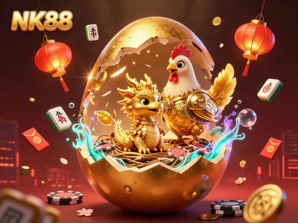 Experience the vibrant excitement of NK88 with a 3D scene featuring a golden egg, dragon, poker chips, and glowing lanterns.