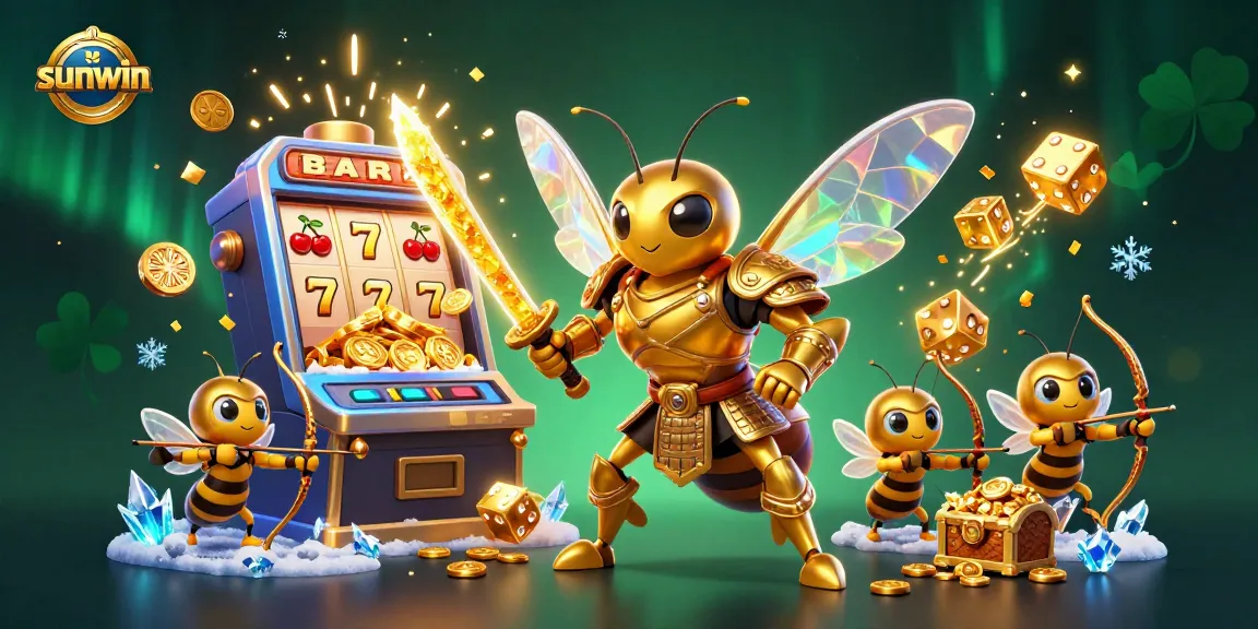 Experience thrilling wins with sunwin's dynamic scene featuring a giant hornet samurai amidst stunning casino elements.