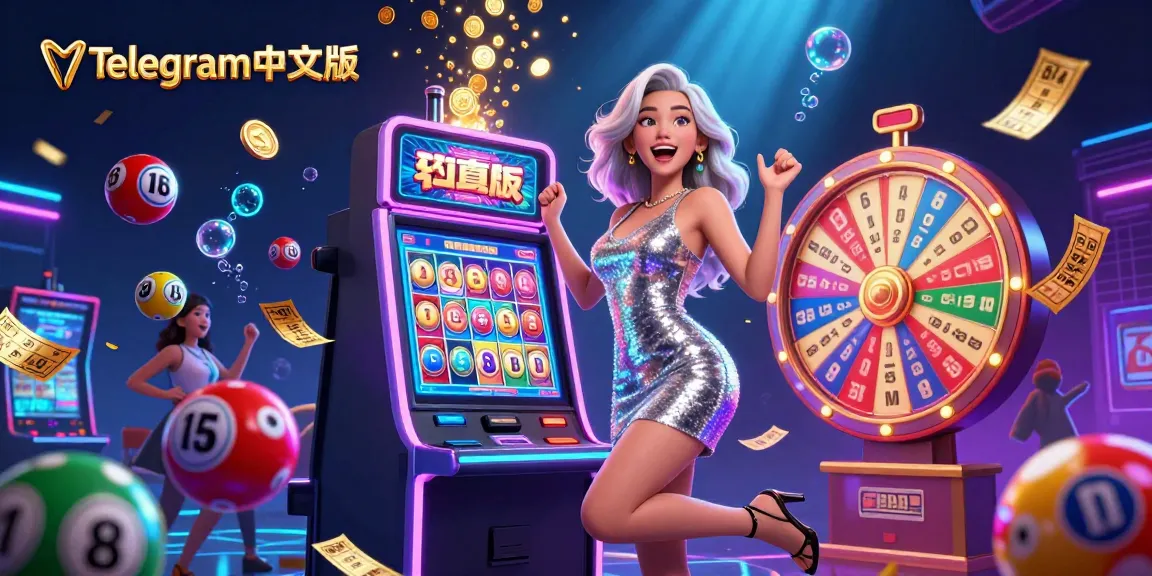 体验Telegram中文版的兴奋，参与充满活力的老虎机大奖庆祝活动，周围环绕着动态赌博元素。