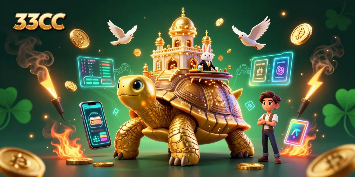 33CC players enjoy a vibrant gaming experience with a golden tortoise, rabbit dealer, and crypto elements.