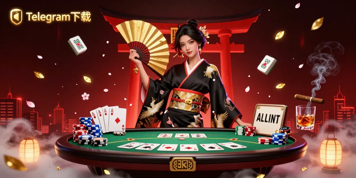 在Telegram下载与一位身穿和服的亚洲女性一起优雅地玩扑克，背景有赌场元素。