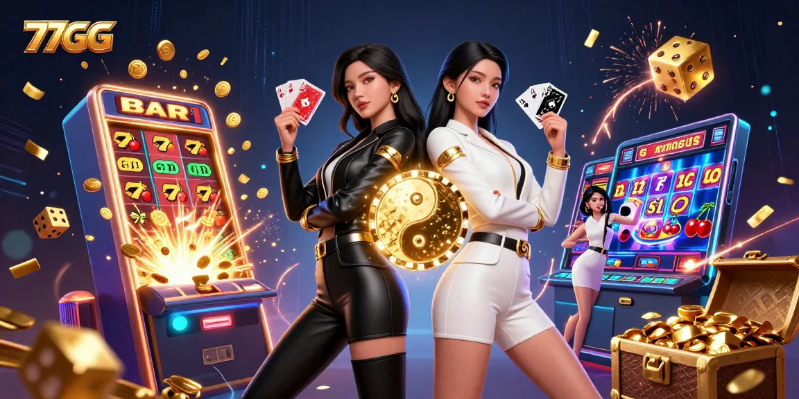 Win big at 77GG with stunning twins showcasing red and black playing cards against a vibrant casino backdrop.