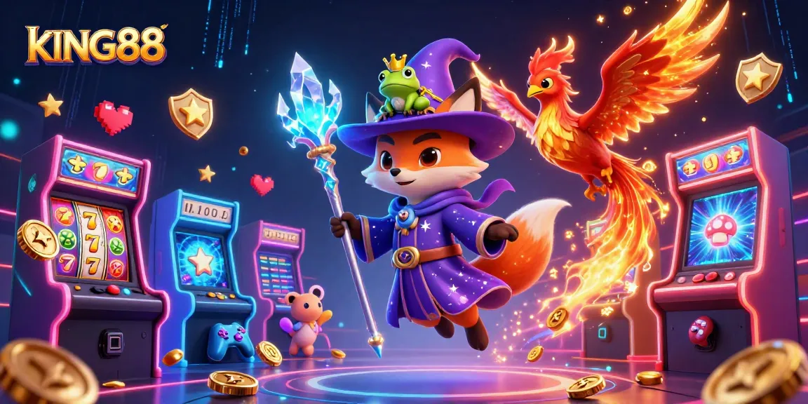 Experience thrilling slot action and magical wins at kING88 with this vibrant 3D casino illustration.