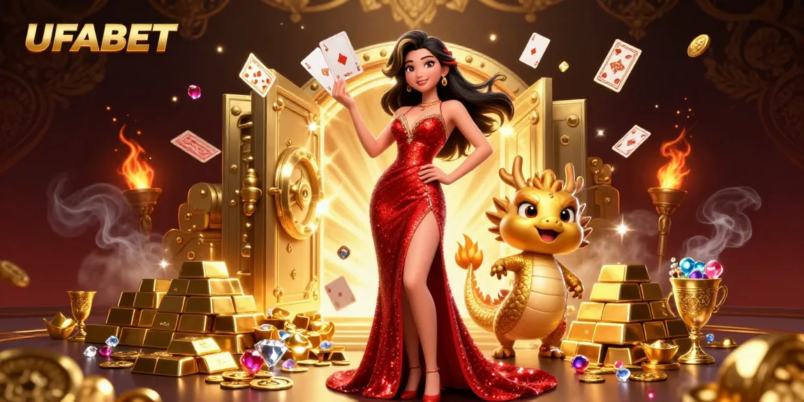 Win big with UFABET in this vibrant 3D casino illustration showcasing exciting games and rewards.