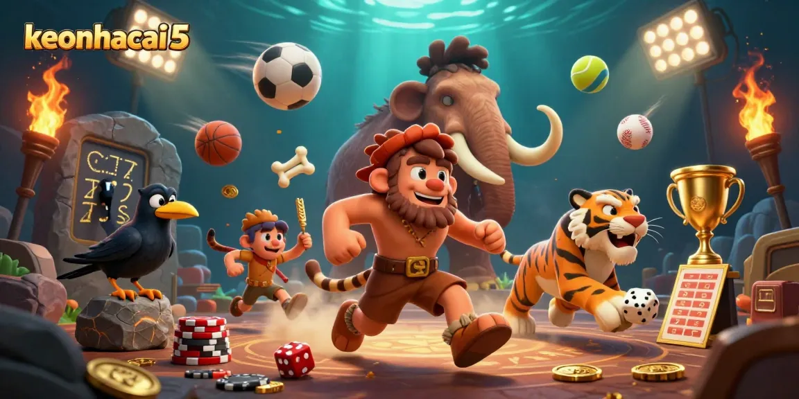 Bet on exhilarating action with keonhacai5 in a vibrant prehistoric casino scene filled with sports and excitement.