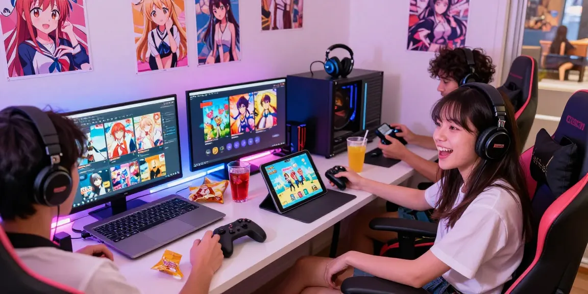 Group of friends enjoying a hentai game online on various devices in a vibrant gaming setup.