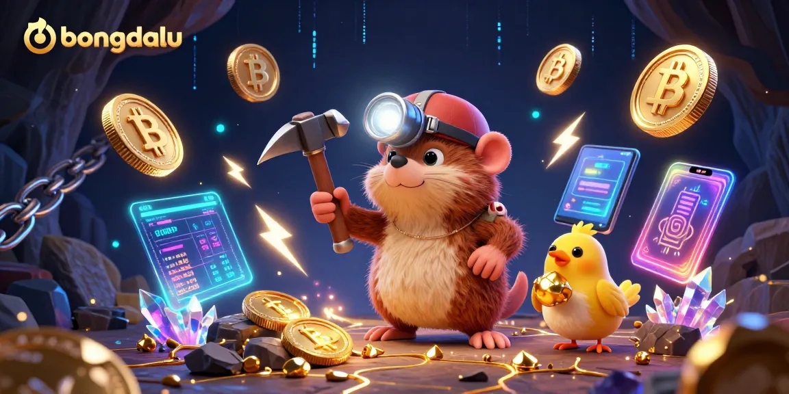 Bongdalu treasure hunter mole mining gold while showcasing Bitcoin and Ethereum coins in a vibrant casino scene.