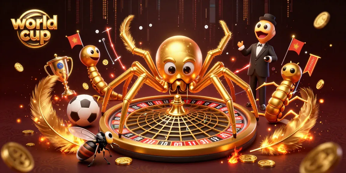 Experience the thrilling world cup betting scene with a vibrant 3D illustration of a spider croupier and nervous fly