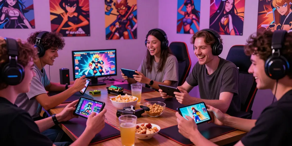Sissy hentai game players enjoying mobile gaming in a vibrant atmosphere with snacks and colorful screens.