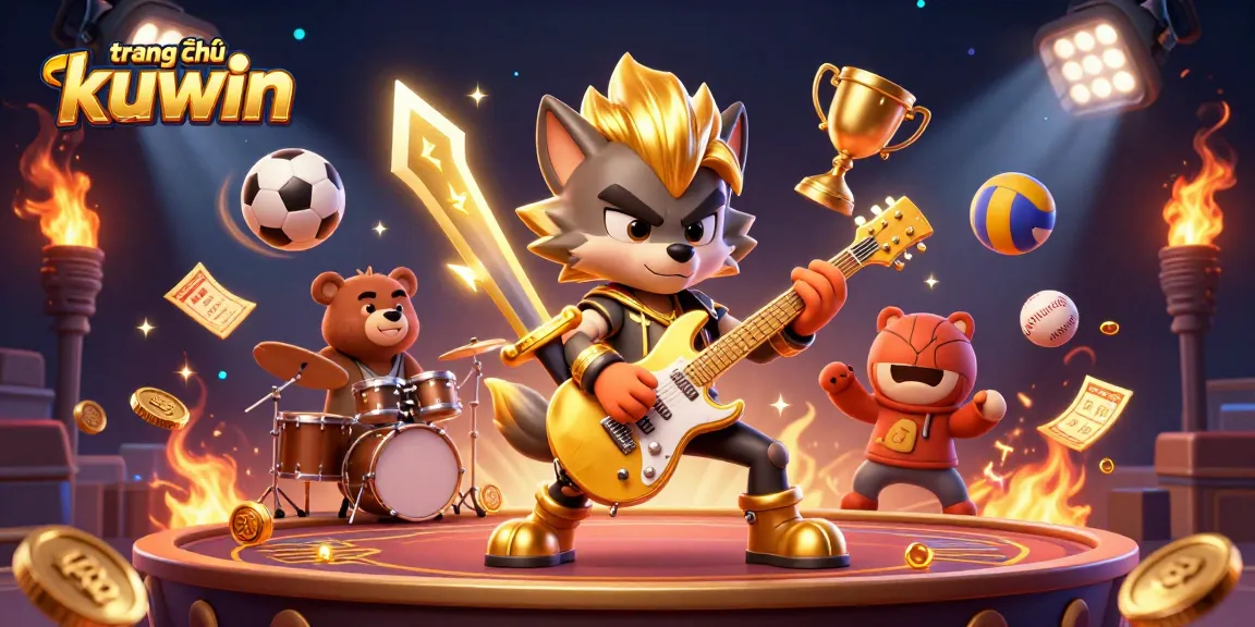 Engage with the dynamic scene of trang chủ kuwin featuring a rock star wolf and drummer bear, with gold coins and sports elements.