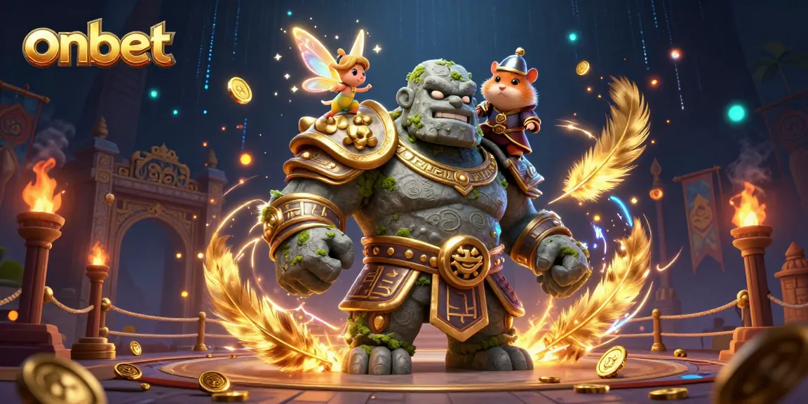 Bet big on onbet with a magical scene featuring a golem and enchanted characters in an online casino