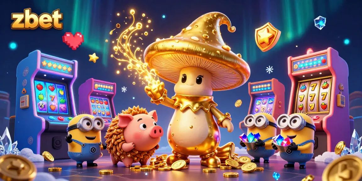 Experience zbet magic with a golden mushroom wizard and arcade game elements in a vibrant casino scene.