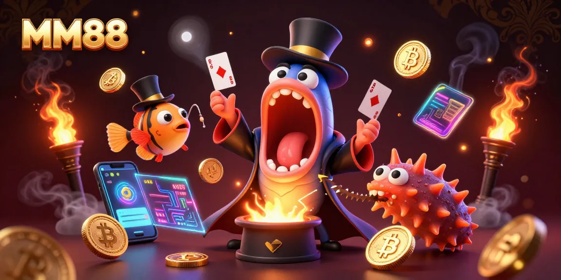 Experience MM88's thrilling magic act with a glowing eel and anglerfish in an engaging 3D casino setting.