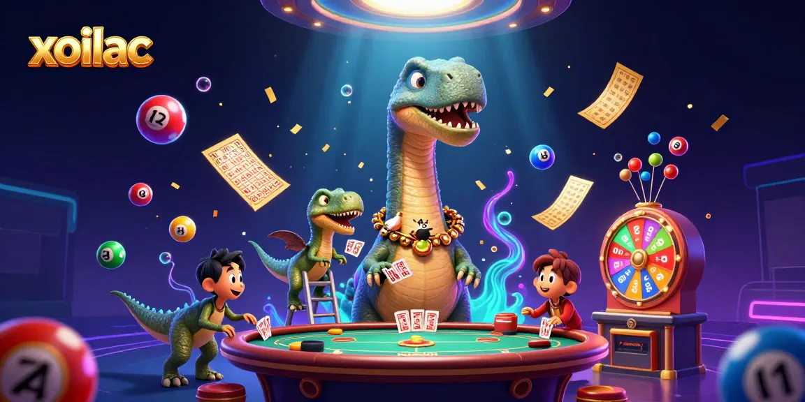 Participate in exciting xoilac games with a lively casino scene featuring whimsical dinosaurs.