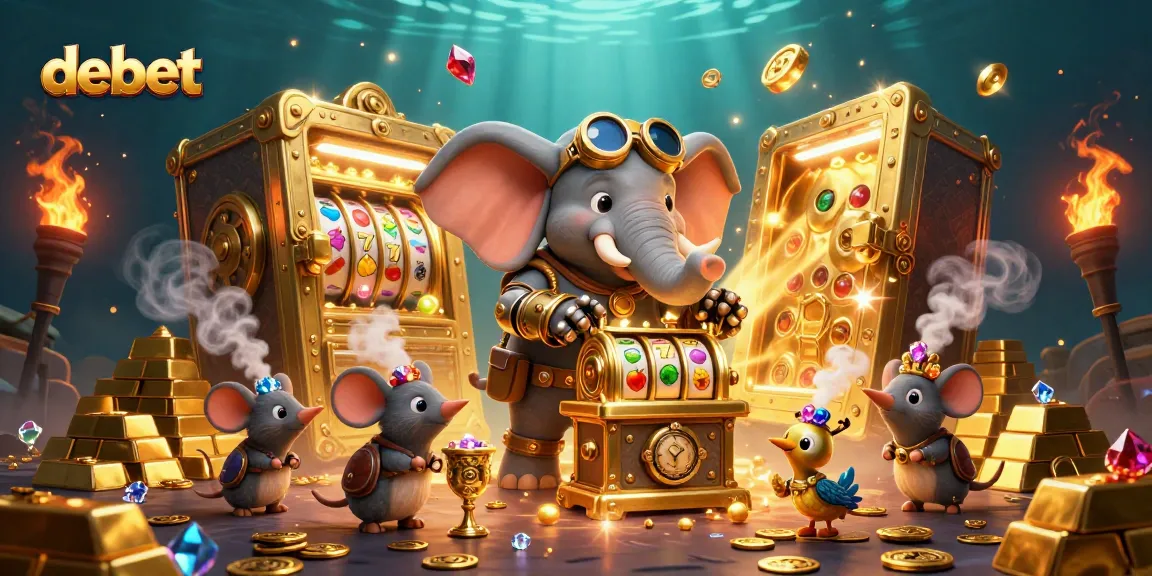 Spin the golden slot machine with debet triumphantly surrounded by treasures and fun characters.