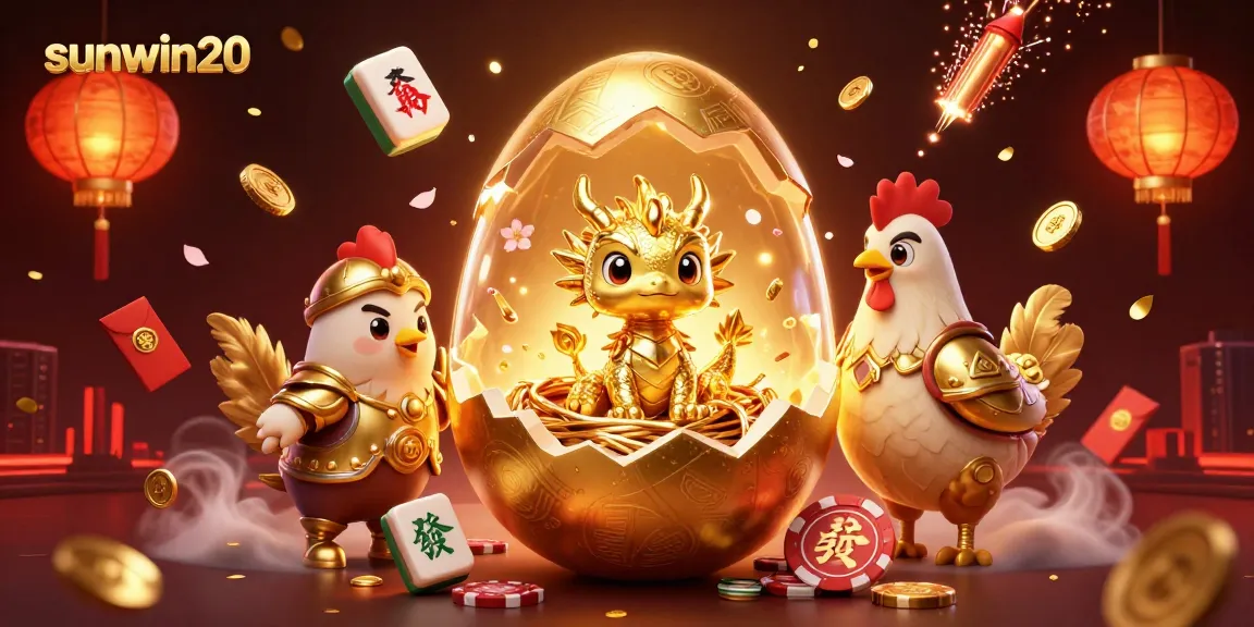 Experience excitement at sunwin20 with a colossal golden egg revealing a golden dragon amidst casino elements.