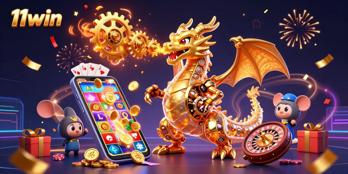 Experience thrilling gameplay at 11win with a vibrant 3D illustration of a dragon and casino elements.