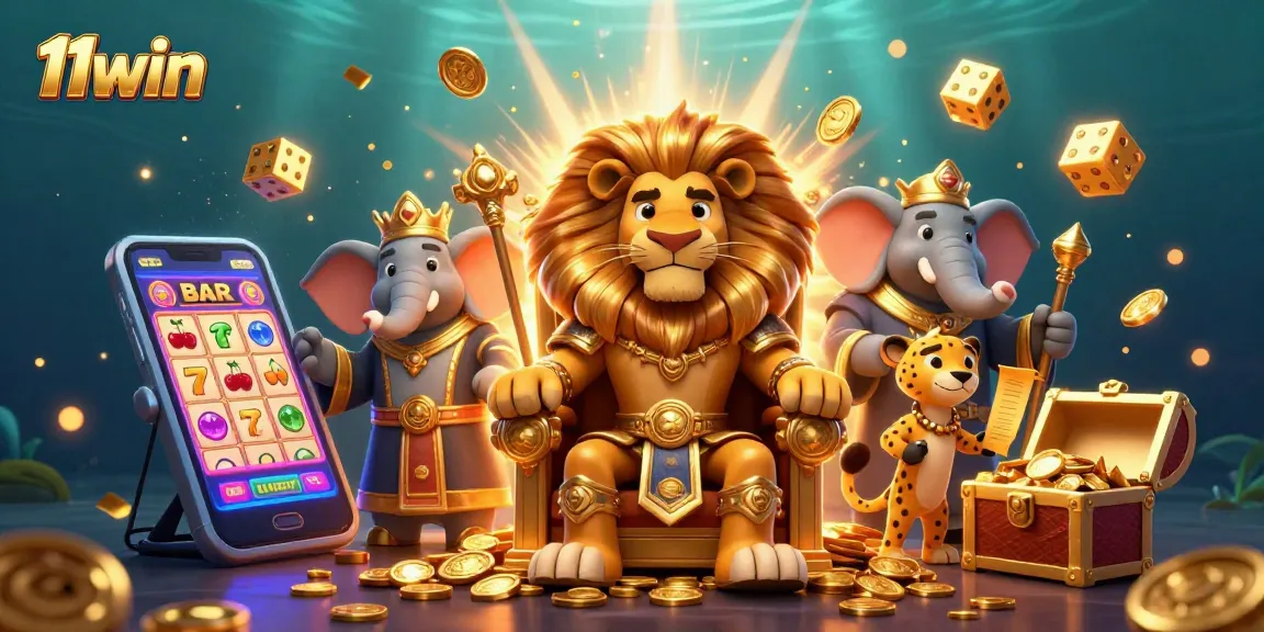 A lion king at 11win throne with gold coins, a wise elephant, and a cheetah in a vibrant casino scene.