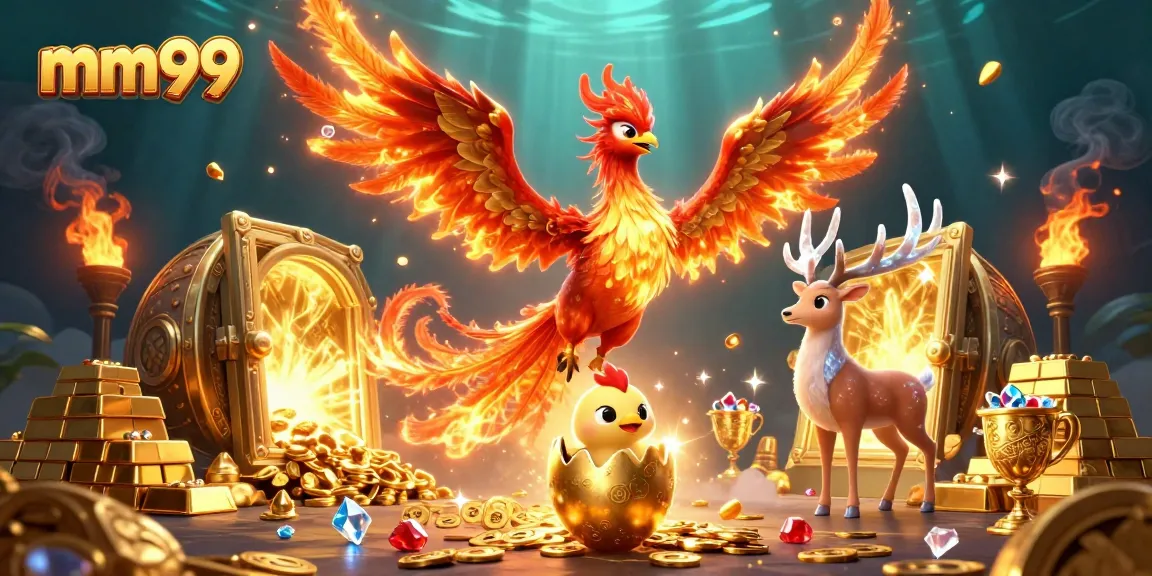 Experience thrilling gameplay at mm99 with a vibrant phoenix and treasures in a dynamic casino scene.