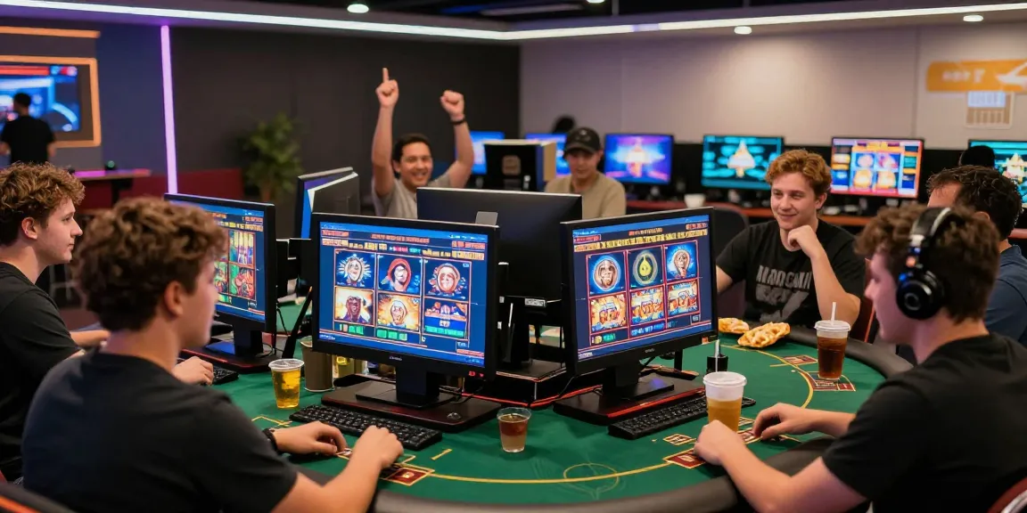 Australian online casinos excitement with players engaging in digital gaming, showcasing vibrant slot games and friendly competition.