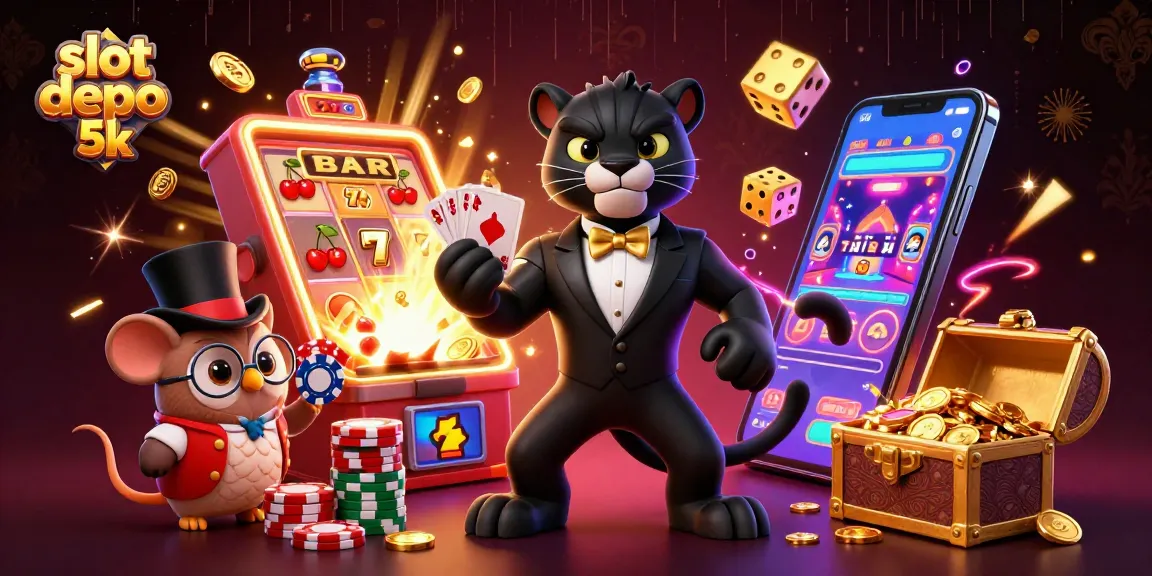 Win big with slot depo 5k as the stylish black panther and friends play cards in a colorful casino scene.