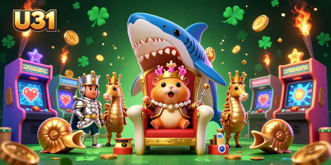 Engage with U31's vibrant casino gaming scene featuring a golden hamster king and dynamic arcade elements.