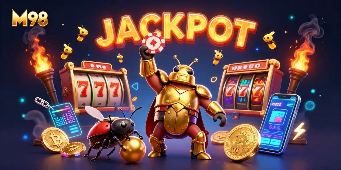 M98 features a victorious beetle character celebrating a jackpot amid thrilling slot game elements.