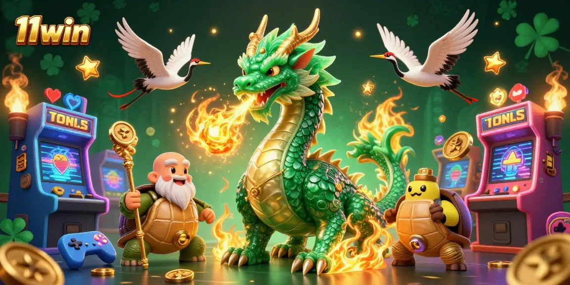 Engage with thrilling adventures at 11win, featuring a jade dragon, lucky cranes, and vibrant casino elements.