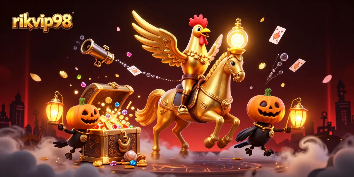 Experience vivid gaming adventures at rikvip98, featuring a golden rooster and treasure elements.