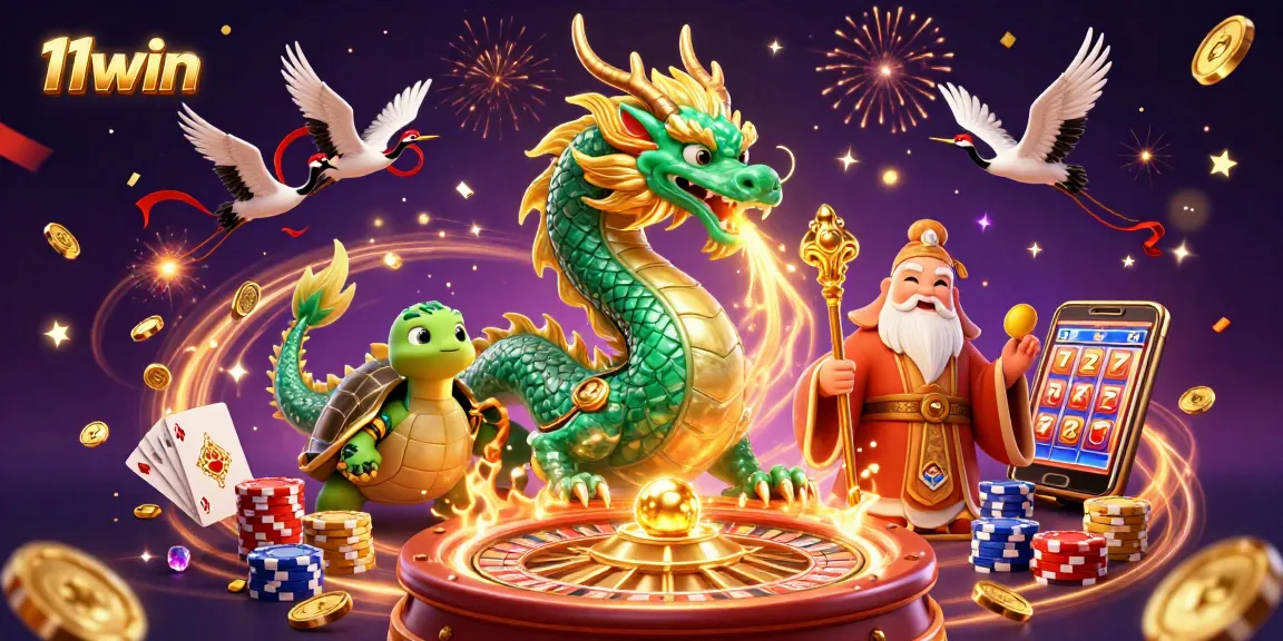 11win celebrates with a dynamic casino scene featuring a lucky dragon and treasure.