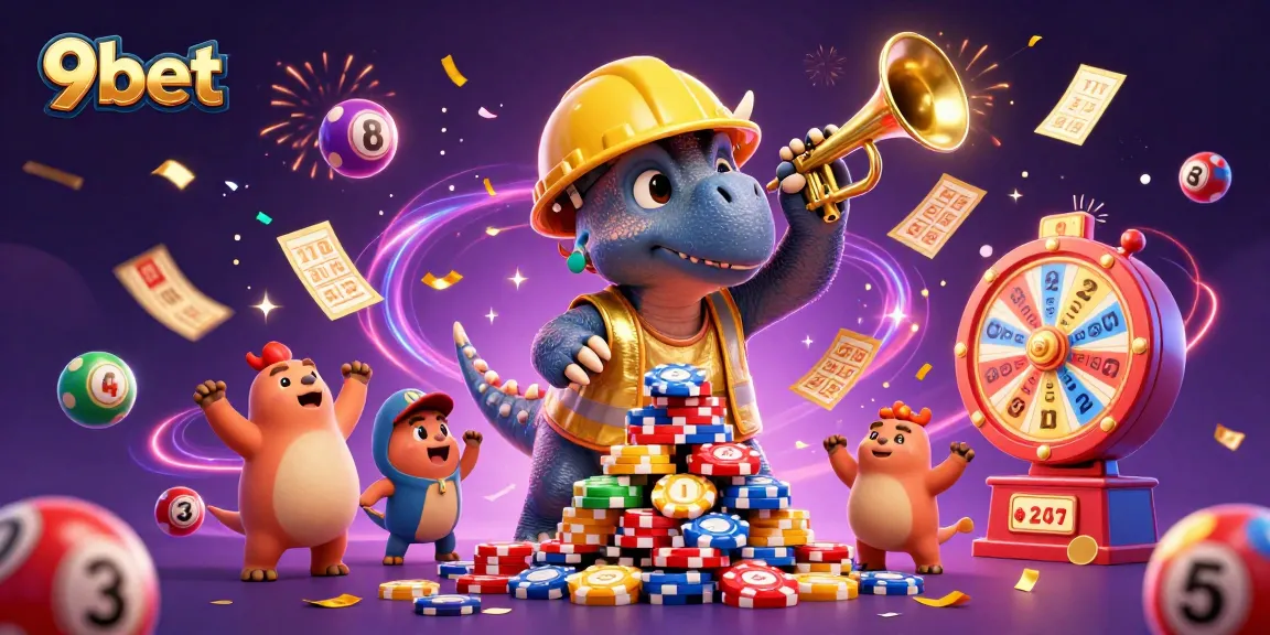 Engage with 9bet's vibrant gambling scene featuring winning characters and colorful game elements.